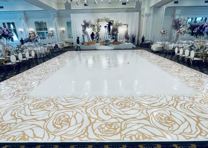 White Dance Floor Wrap with Gold Monogram