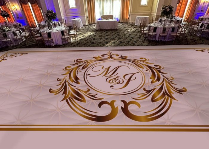 White Dance Floor Wrap with Gold Monogram