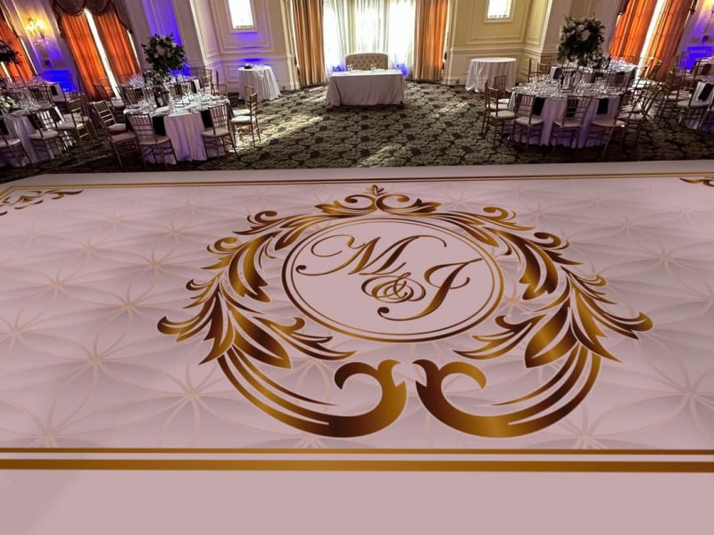 White Dance Floor Wrap with Gold Monogram