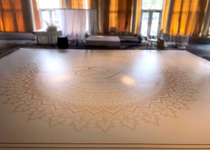 White Dance Floor Wrap with Gold Monogram