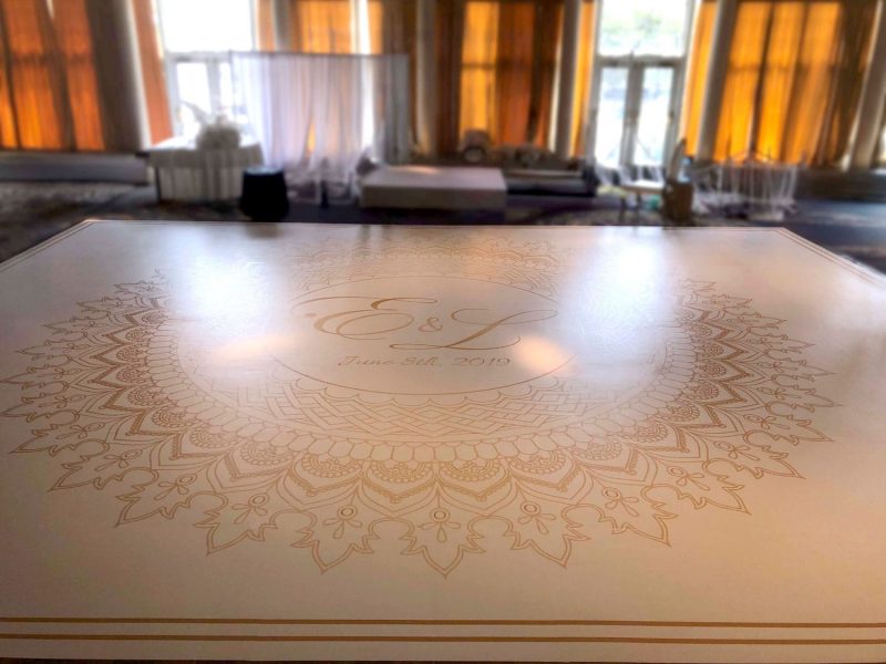 White Dance Floor Wrap with Gold Monogram