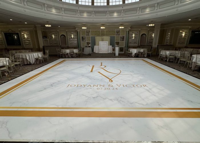 White Marble Dance Floor Wrap with Gold Monogram