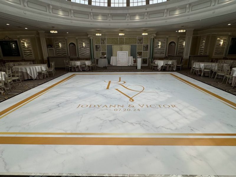 White Marble Dance Floor Wrap with Gold Monogram