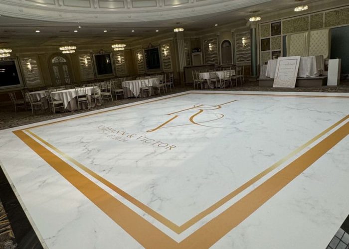 White Marble Dance Floor Wrap with Gold Monogram