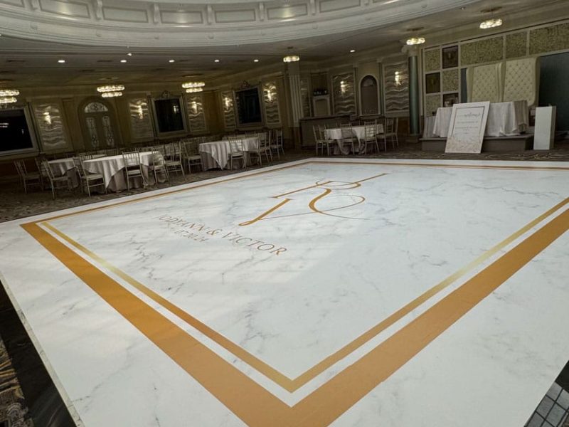 White Marble Dance Floor Wrap with Gold Monogram