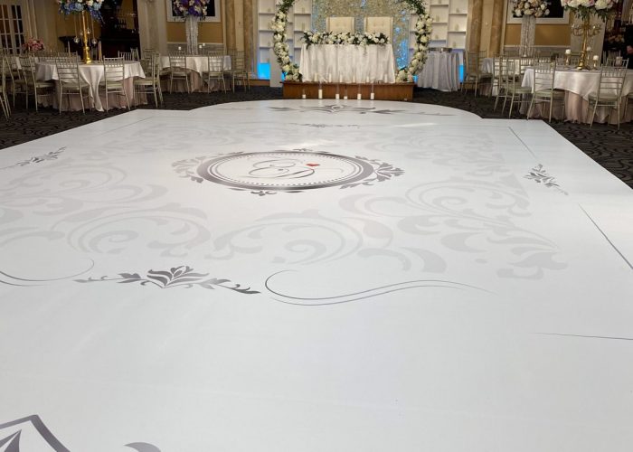 White Dance Floor Wrap with Silver Monogram