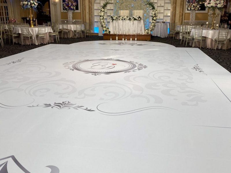 White Dance Floor Wrap with Silver Monogram